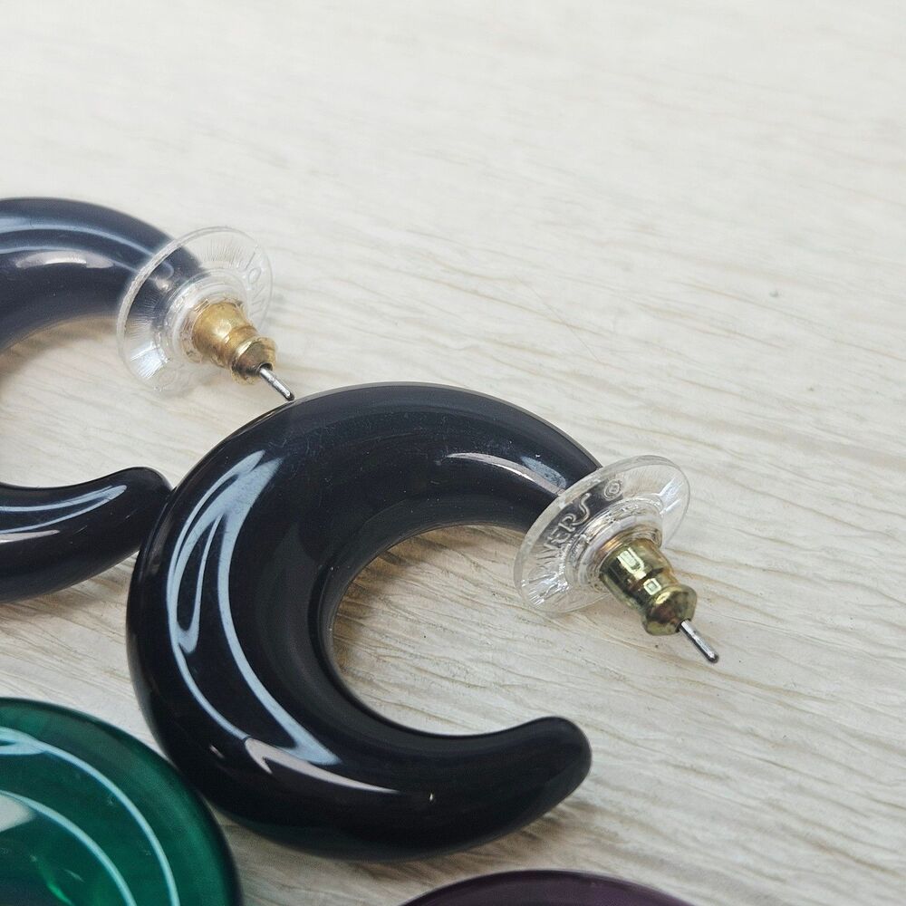 Joan Rivers 4 Pr Clear Puffy Hoop Earrings Green Black Purple Brown - Picture 2 of 12